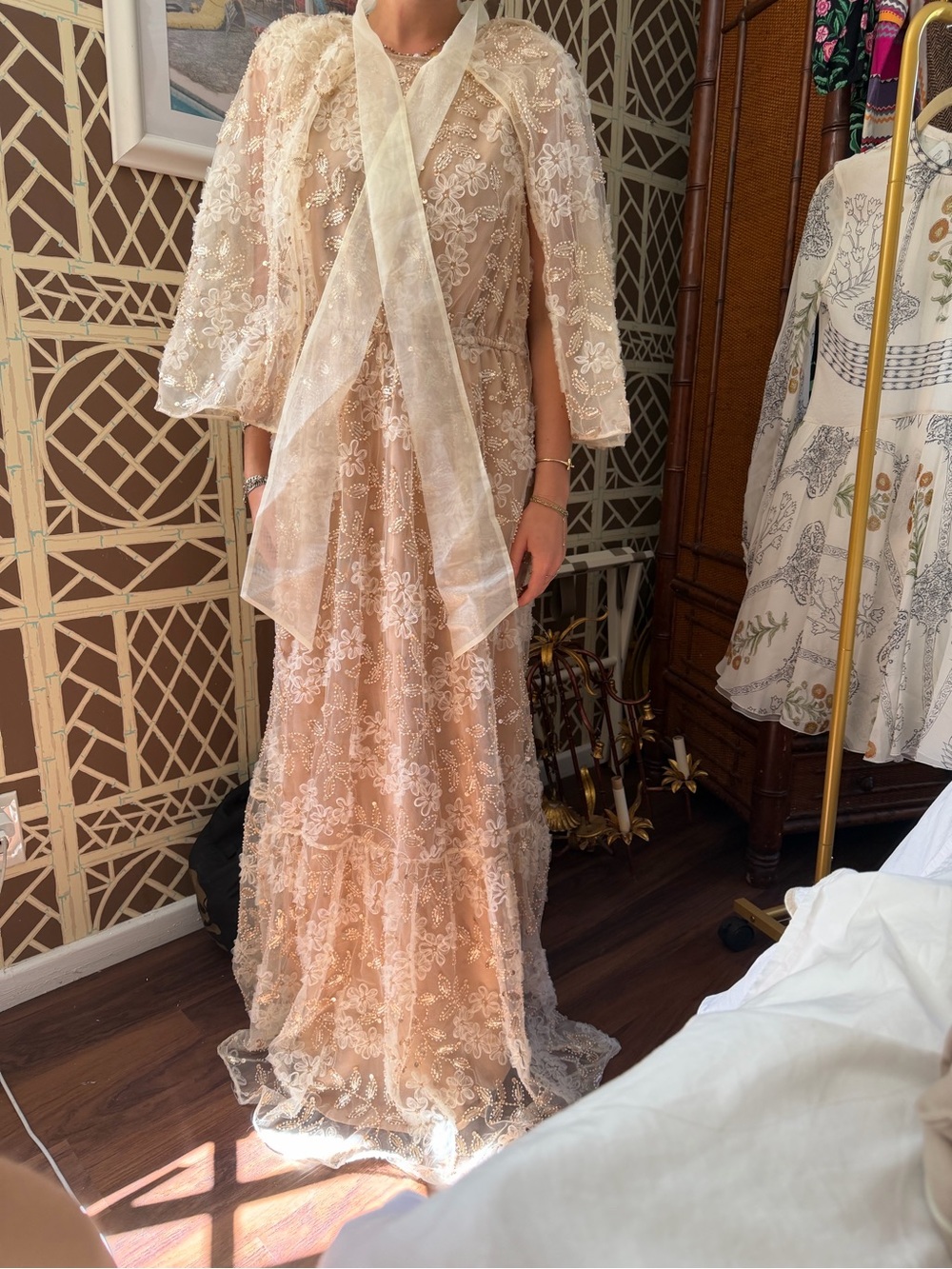 Self-Portrait Peach Lace Embroidered Maxi Dress with Sheer Scarf